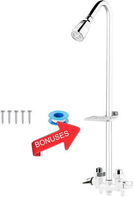 DESIGN SHOP BY SHELL Outdoor Shower Fixture System,With Rustproof Riser And Riser Extension, Double Handle Utility Shower Faucet With Showerhead And Soap Dish, Polished Ch