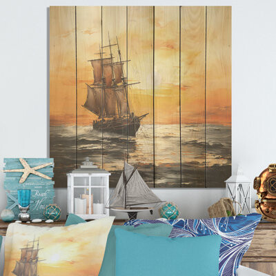 Highland Dunes Boat Sailing Into The Sunset - Coastal Sunset On Wood Print