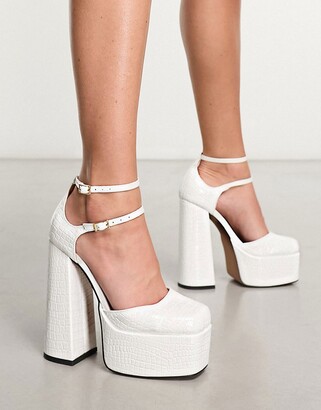 ASOS DESIGN Penalty square toe platform high heeled shoes in off white croc