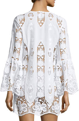 Miguelina Karla Lace-Up Hibiscus Coverup Dress, Pure White