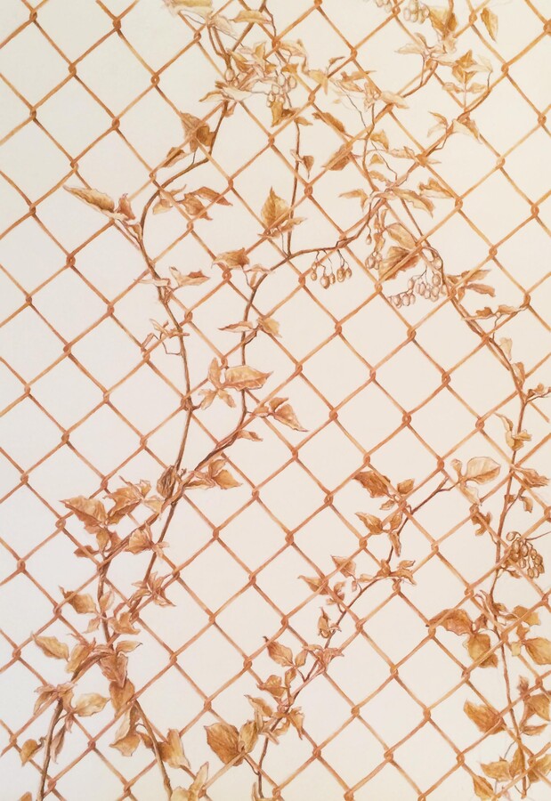 Amanda Besl, Conceptual Floral Painting Copper ink American female artist fence Plants , 2018