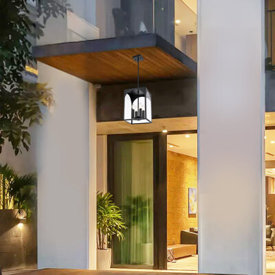 Mercer41 Large Outdoor Indoor Pendant Light 4-Light Classic Black And Brass Finish Metal Chandelier Outside Hanging Fixture Ceiling Mount With Clear Glass Sha
