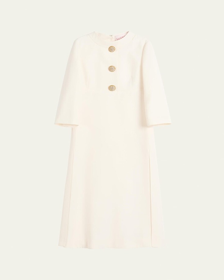 Valentino Garavani Quarter-Sleeve Brooch Wool Midi Dress
