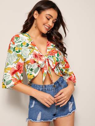 Shein Tropical Print Knotted Front Crop Top