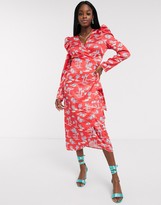 Thumbnail for your product : NEVER FULLY DRESSED wrap midi dress with puff sleeve detail in red palm print