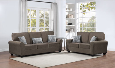 Milton Green Star 2PC Taupe Fabric Plushy Cushion W/ Flared Round Arm Sofa Set & 5 Throw Pillows
