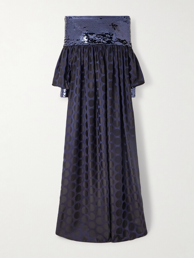 Dima Ayad - Sequin-embellished Polka-dot Poplin Gown - Blue