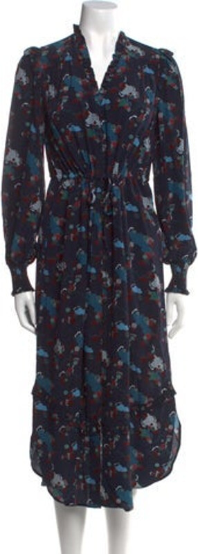 Cefinn Silk Dress Blue Floral Print Ruffle Embellishment Long Sleeve with V-Neck Button Closure at Front