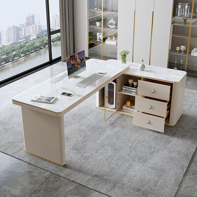 Hokku Designs Luxury Sintered Stone L-shaped Desk/Computer Desk with Cabinet