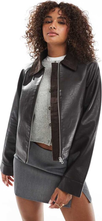 ASOS DESIGN swing leather look crop jacket in brown