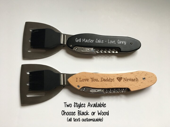 Personalized 5-In-1 Bbq Grill Tool Anodized Black Or Beech Wood