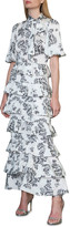 Thumbnail for your product : ML Monique Lhuillier Floral Tie-Neck Puff-Sleeve Tiered Ruffle Midi Dress