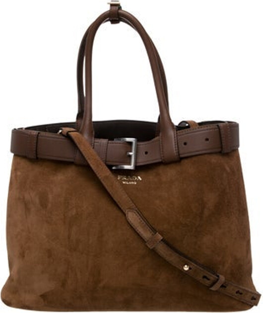 Prada Shoulder Bag Cacao Scamosciato Suede Multitonal Hardware Leather Trim Rolled Handles & Single Adjustable Shoulder Strap Leather Lining & Single Interior Pocket Open Top Includes Dust Bag