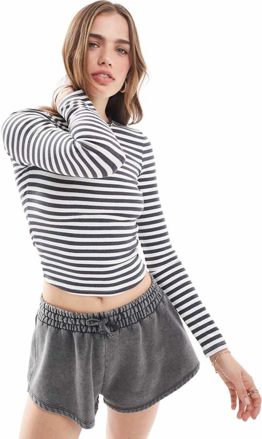 Miss Selfridge long sleeve rib crew neck top in charcoal and white