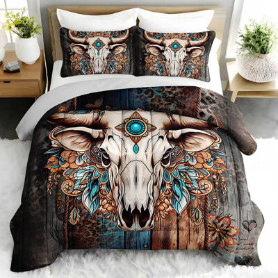 QOOVO Native American Bull Skull Comforter Set, Bohemian Bedding Set with 2 Pillow Cases, Soft and Machine Washable Bedding, All Seasons Comforter for Room