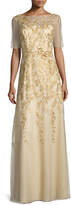 Thumbnail for your product : Kay Unger New York Short-Sleeve Floral-Embroidered Chiffon Gown, Gold