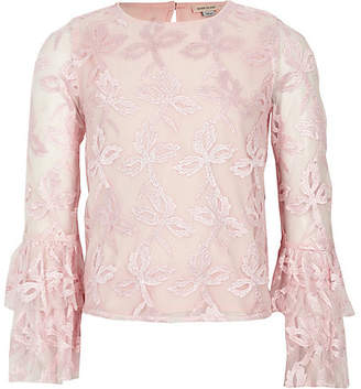 River Island Girls Pink embroidered mesh flute sleeve top