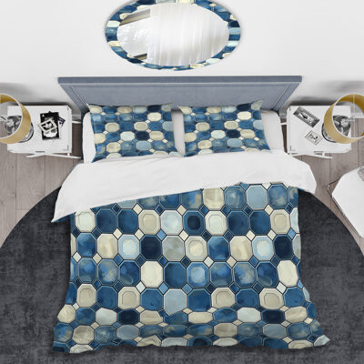 Design Art Blue White Hexagon Print I - Modern Duvet Cover Set