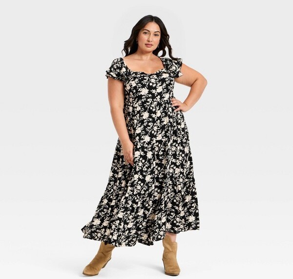 Ava & Viv Women'sFlutterCapSleeveTieredMaxiA-LineDress-Ava&Viv™Black/TanFloral4X