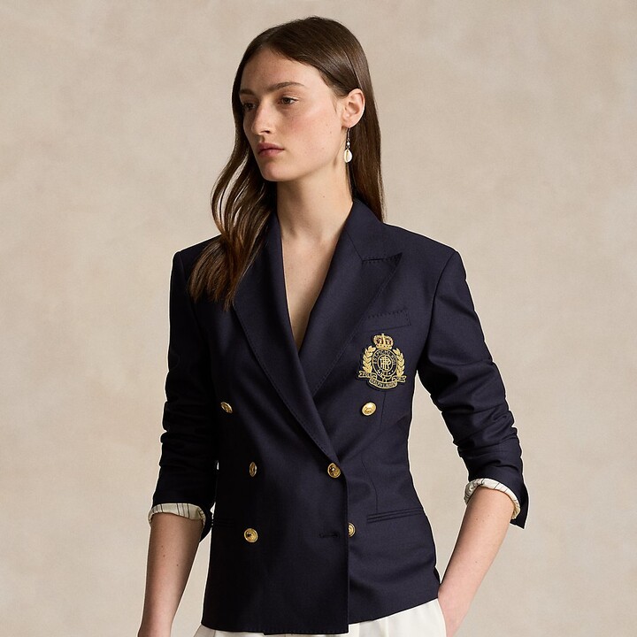 Double-breasted knit blazer with golden buttons · Navy Blue
