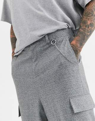 ASOS Design DESIGN drop crotch grey tapered smart trousers with cargo pockets and metal chain
