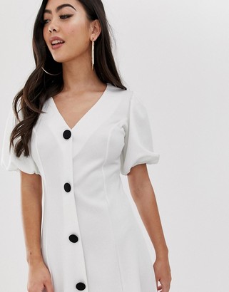 ASOS DESIGN Petite midi skater dress with puff sleeves and contrast buttons