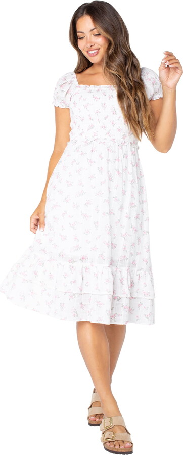 Celebrity Pink Puff Sleeve Midi Dress with Ruffle Details, Women's and Women's Plus