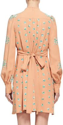 Chloé Floral-Embroidered Belted Bishop-Sleeve Dress, Peach/Mint