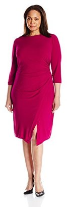 London Times Women's Plus-Size 3/4 Sleeve Jersey Sheath Dress with Ruched Sides