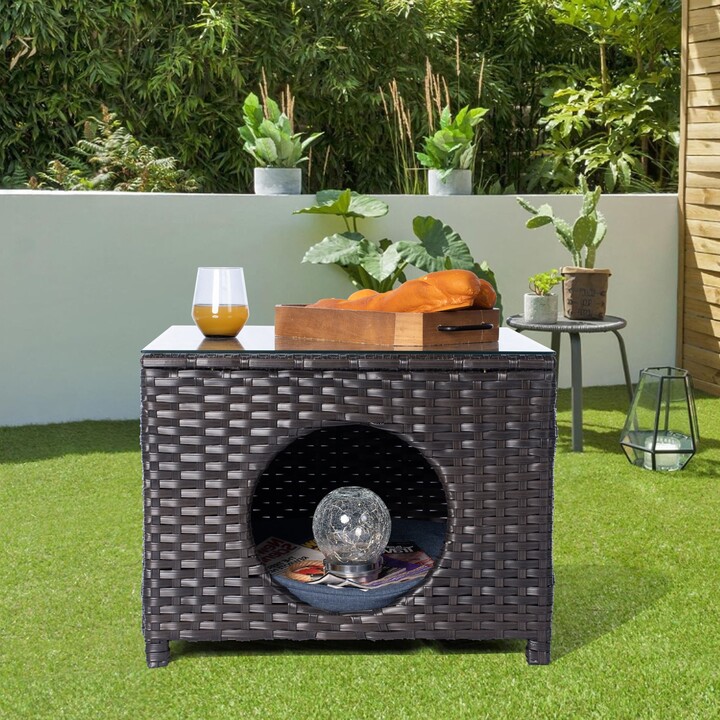 OVIOS Patio Outdoor Brown Wicker Pet Coffee Table with Glass Top