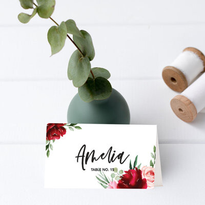 Burgundy Blush Greenery Table Tent Place Cards For Wedding Party Tables, Seating Name Place Cards, 56 Pack