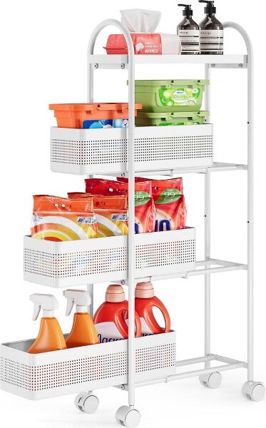 MOEPISY4-TierSlimRollingCart3Pull-OutBasketsWhiteBathroomOrganizer