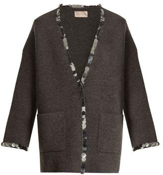 Christopher Kane Sequin Embellished V Neck Wool Blend Knit Cardigan