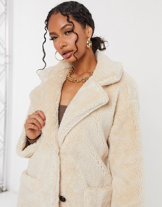 Qed london oversized borg coat in cream Clearance