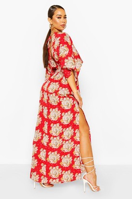 boohoo Paisley Kimono Sleeve Plunge Split Maxi Dress