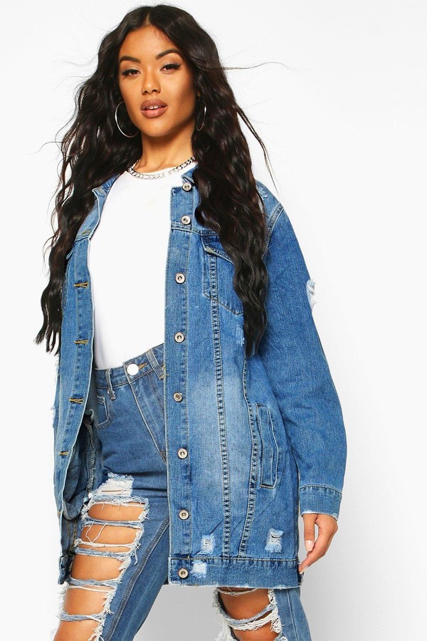 black longline distressed denim jacket