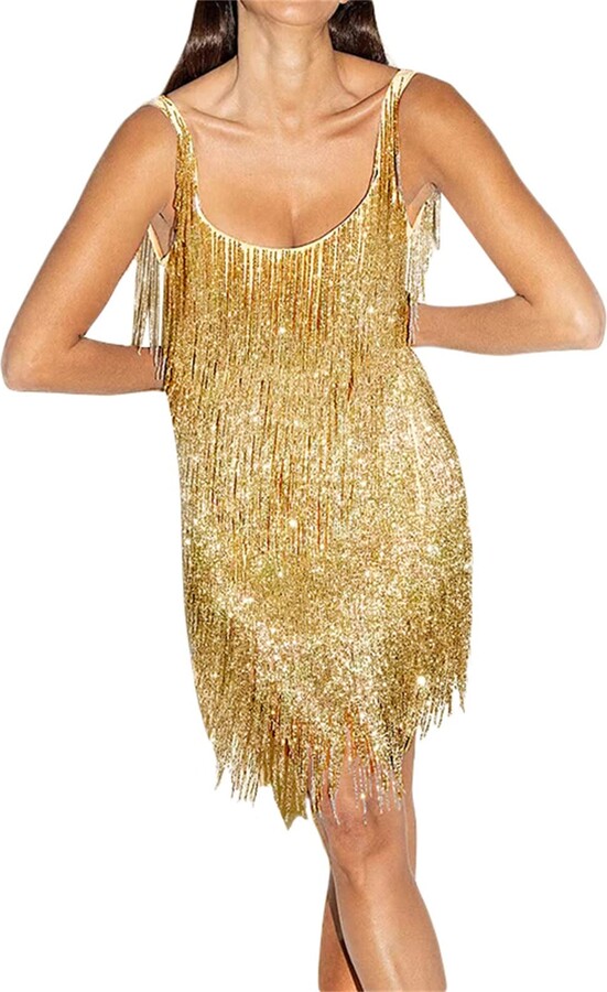 Geagodelia Women's Sequin Tassel Mini Dress Ladies Sexy Backless