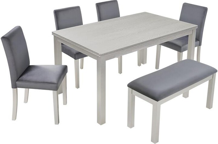 Casainc sumyeg 6-Piece Silver Grey Crystal Accent Wood Dining Set with Rectangular Table 4 Upholstered Chairs and Bench