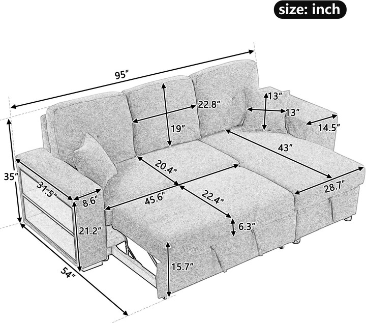 Ehek Reversible Sleeper Sectional Sofa Bed With Side Shelf And 2 Stools Ehek Reversible Sleeper Sectional Sofa Bed With Side Shelf And 2 Stools
