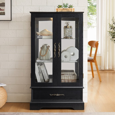 Red Barrel Studio Lighted Glass Curio Cabinet With Adjustable Shelves - Elegant 2-Door Display Cabinet & Built-In Drawer, Includes Bulb - BLACK