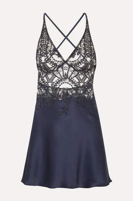 I.D. Sarrieri Embroidered Tulle And Silk-blend Satin Chemise - Navy