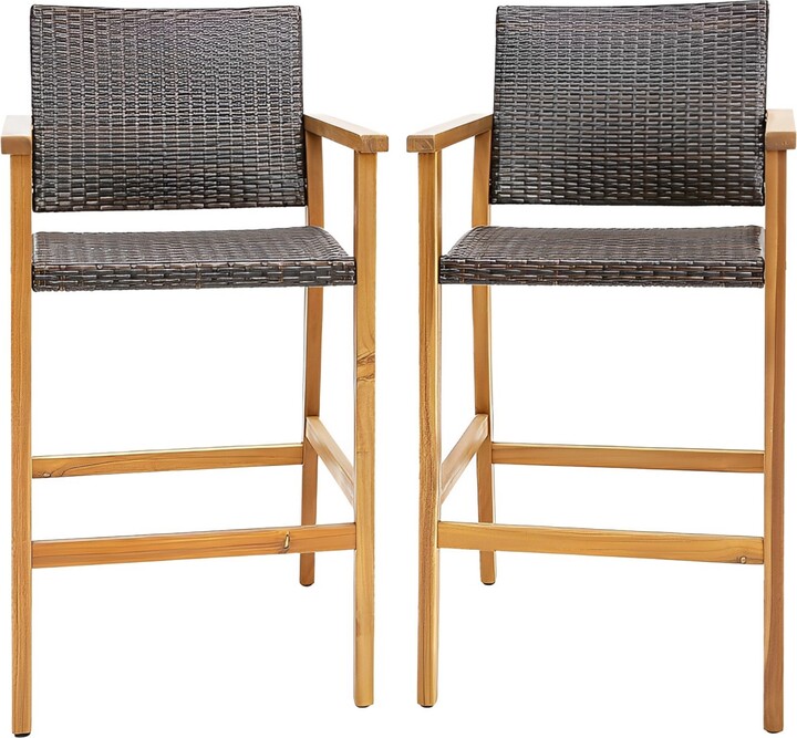Sugift Set of 2 Pe Wicker Patio Bar Chairs with Acacia Wood Armrests