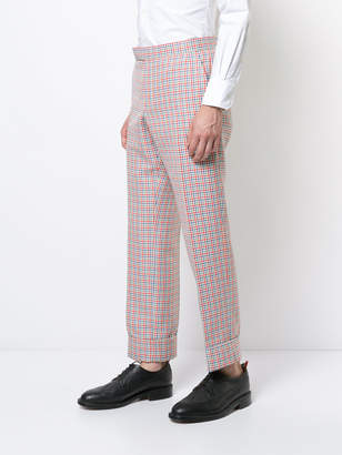 Thom Browne Mid-Rise Unconstructed Backstrap Trouser In Hopsack Check Double Woven Wool Crepe With Red, White And Blue Stripe Back