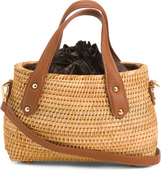 UNICEF Market  Handwoven Black & Cream Rattan Handbag with Brown Leather -  Diagonal Style