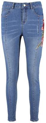 boohoo Seam Front Floral Embroidered Skinny Jeans
