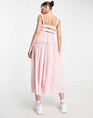 ASOS DESIGN cami midi sundress with raw edges in pink and white gingham