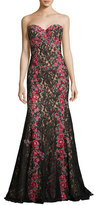 Thumbnail for your product : Jovani Strapless Embroidered Floral Lace Gown, Black/Multicolor