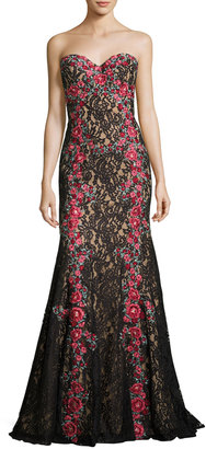 Jovani Strapless Embroidered Floral Lace Gown, Black/Multicolor
