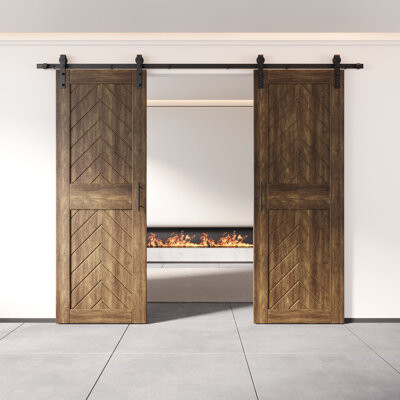 Homacer Dark Walnut 84 in. Finished & Unassembled 4-IN-1 Fishbone Design Two Barn Door with Non-Bypass Installation Hardware Kit track interior use