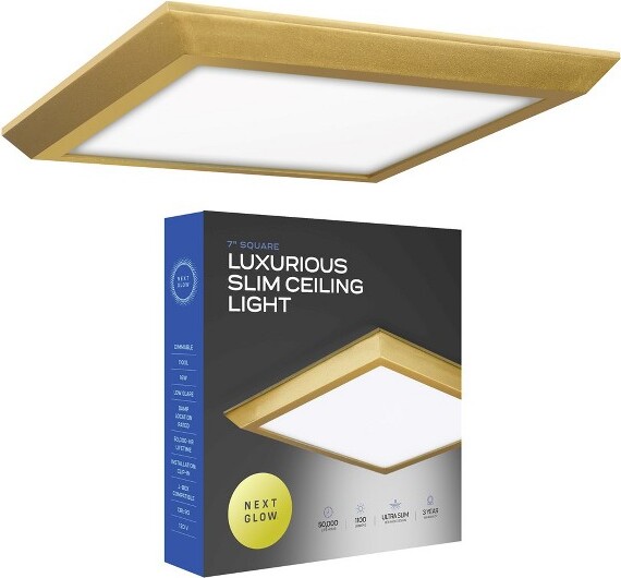 Next Glow NextGlowUltraSlim7"LEDCeilingLightFixture,3000KSquare,DimmableFlushMountLight,Brass